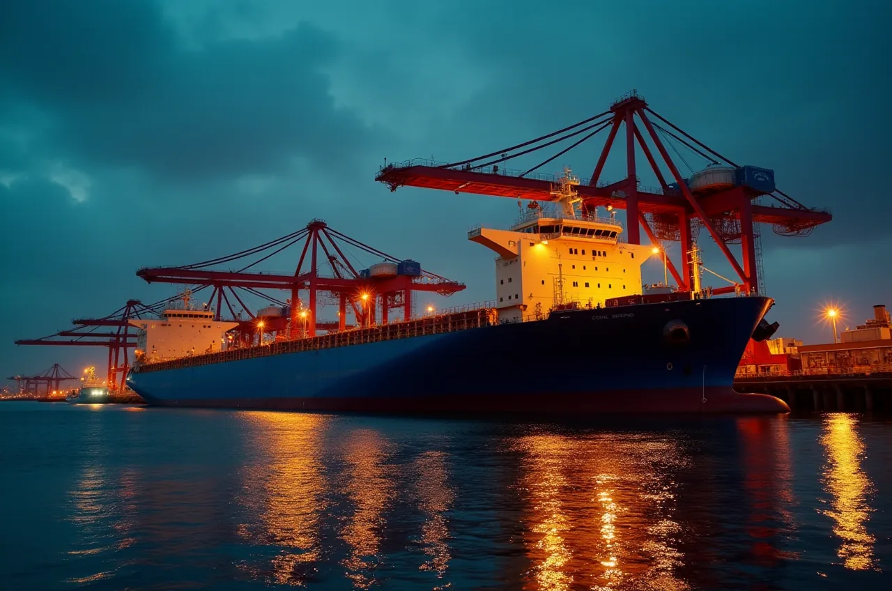 Tanker at berth at dusk