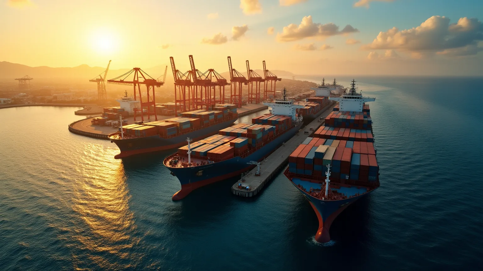 Aerial view of a Mediterranean cargo seaport with container ships and cranes